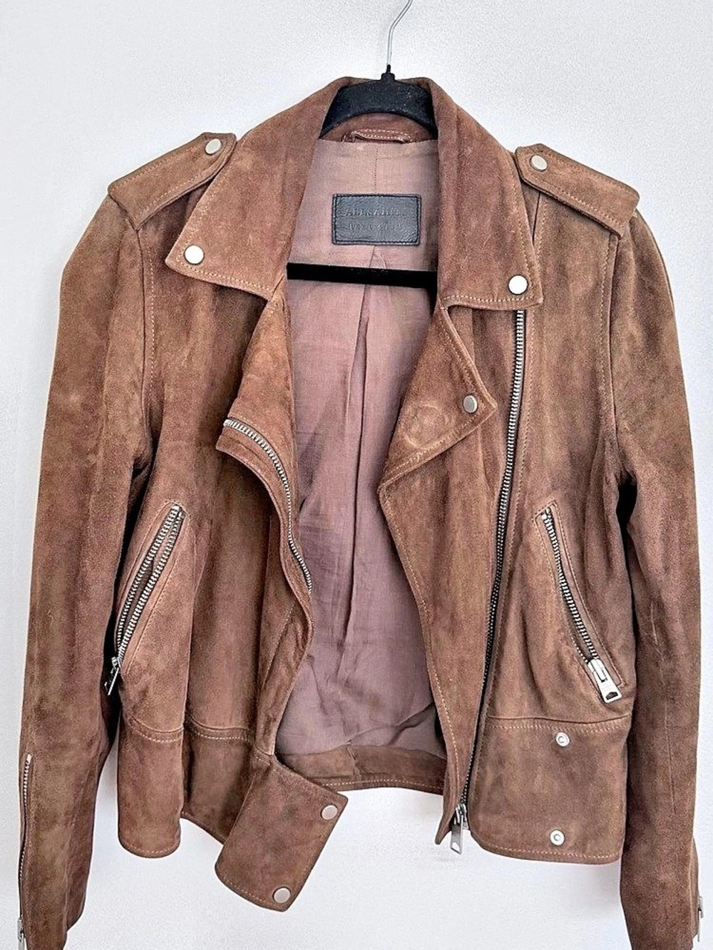 AllSaints Dalby Suede Biker Jacket Brown Size 6